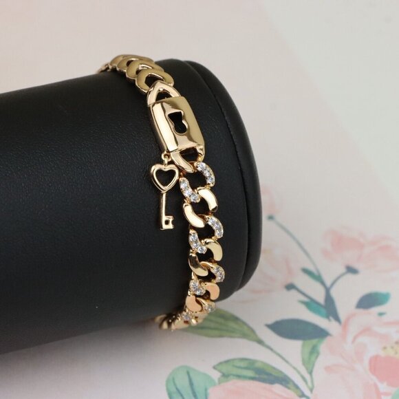 "Rose Gold Heart Lock Key Charm Bracelet with Sparkling Links, XPBL0914 - Picture 12 of 13